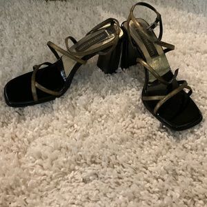 Unlisted Black and Gold Strappy Block Heels—Size 8